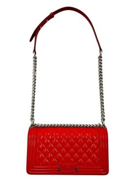 Chanel Boy Red Plexiglass Quilted Matelasse Patent Leather Med Shoulder Bag Ex++